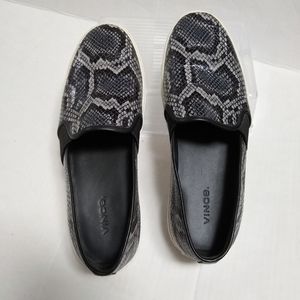 VINCE snake print leather grey and black slip on sneakers, 8.5